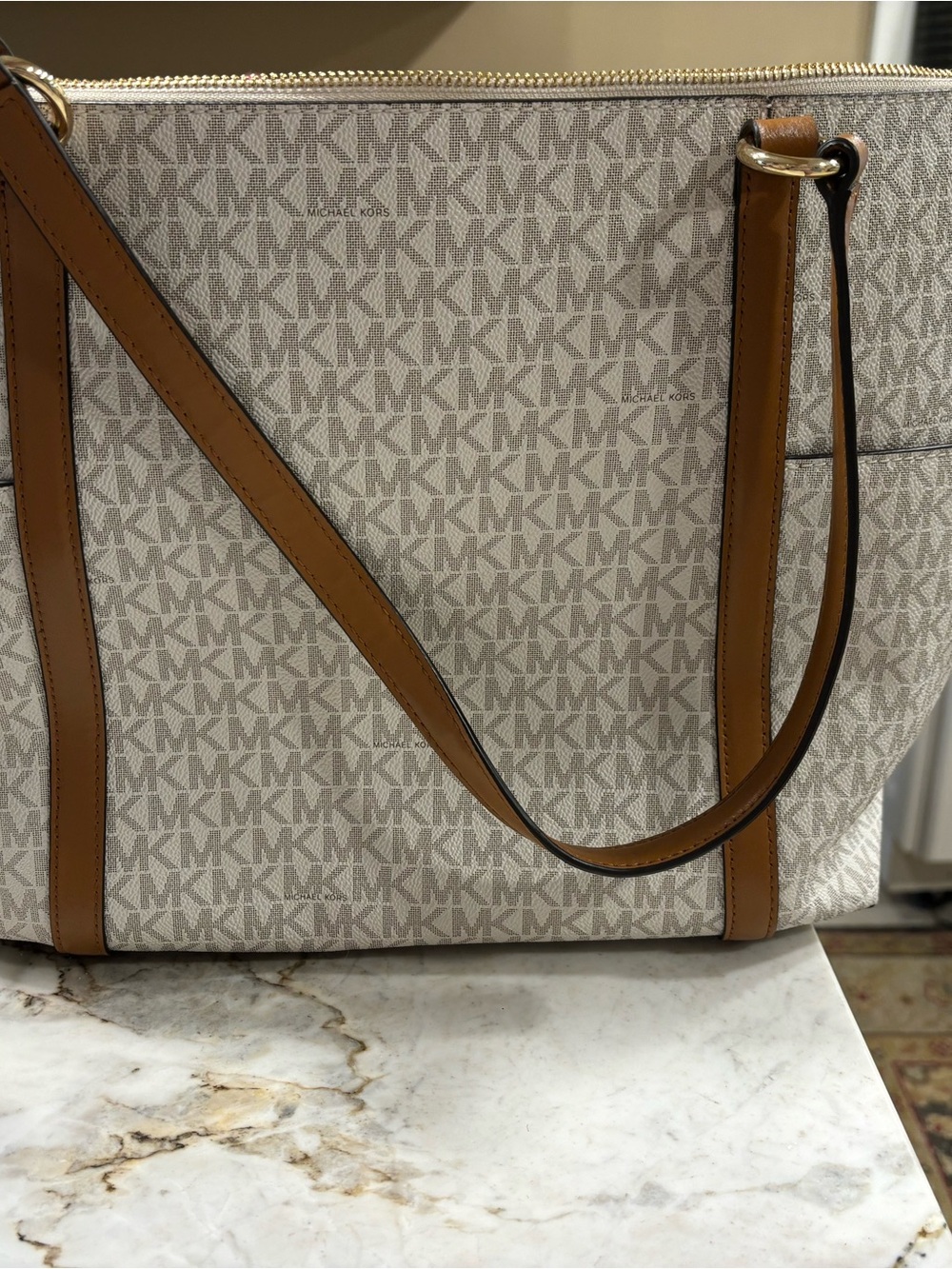 Michael Kors Cream Monogram Tote with Brown Trim